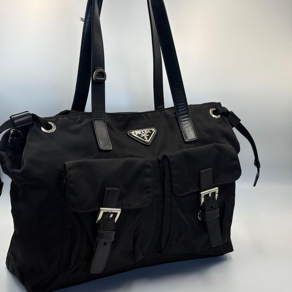 PRADA Leather Handle Tote Bag Black Double Pocket